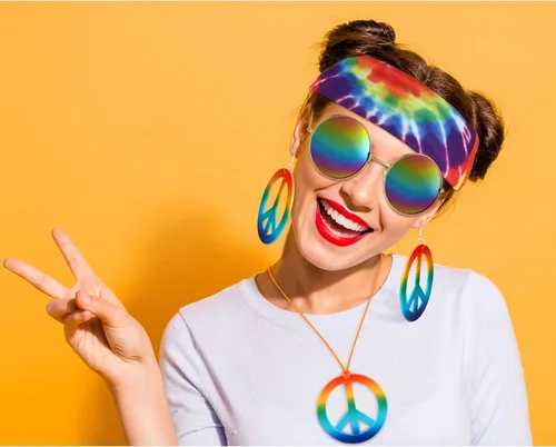 Vista 7 de Hicarer El juego de 4 accesorios hippie incluye collar y aretes de signo de la paz de los años 70 gafas de sol hippie disfraces de teñido anudado