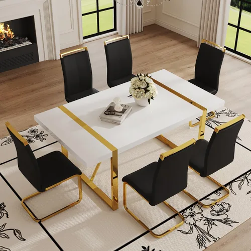 Vista 25 de Mesa de comedor Ebullient para 4, mesa de comedor rectangular negra de MDF, tapa de mesa de cena de mármol falso, mesa de comedor moderna con marco