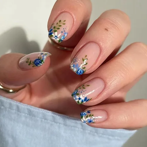 Vista 11 de Uñas postizas ovaladas a presión con puntas francesas, juego de uñas postizas cortas de flores artificiales, uñas postizas acrílicas con diseños