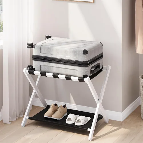 Vista 9 de Smart FENDEE Portaequipajes, portaequipajes plegable para habitación de invitados, soporte de maleta de bambú marrón con capacidad para hasta 131