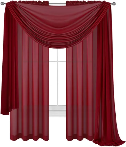 Vista 9 de Cortinas traslúcidas negras para ventana con bufanda a juego, 2 paneles de gasa y 1 cenefa para dormitorio, sala de estar, cortinas decorativas Negro