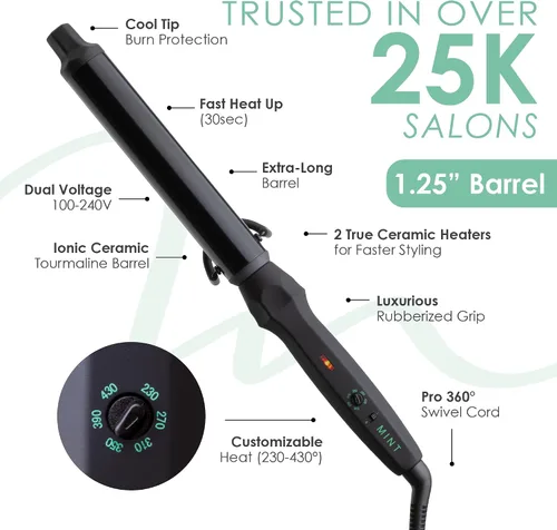 Vista 4 de MINT Varita Rizadora Profesional Sin Pinza de 1 1/4 Pulgadas para Cabello Largo Varita Rizadora Extra Larga con Barril Cerámico Iónico de 4