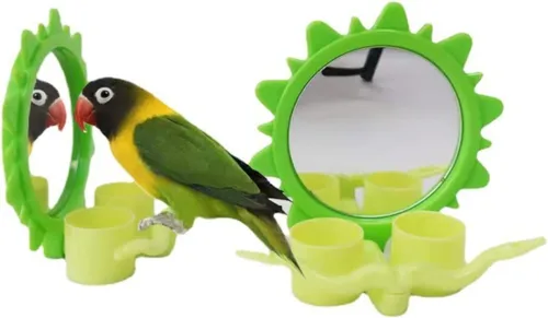 Vista 5 de Espejo de pájaro con taza verde para comer, forma divertida, perca, cacatúa, material acrílico, espejo, jaula de loro, juguetes inteligentes