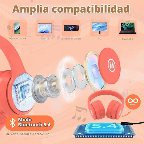 Vista 7 de Mokata Auriculares Bluetooth inalámbricos/con cable para niños, volumen limitado, 85/110 dB, protección plegable sobre la oreja, auriculares