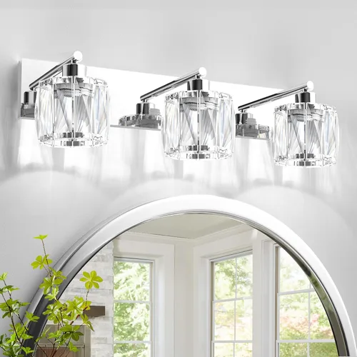 Vista 26 de VOLISUN Luces de Tocador de Cristal - 2 Luces Modernas de Acero Inoxidable para Baño Sobre Espejo, Acabado Cromado - Certificado UL
