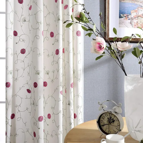 Vista 12 de VOGOL - Cortinas de 2 paneles con ramas bordadas de lino sintético con ojales, cortinas para dormitorio/sala de estar, paneles de tratamiento