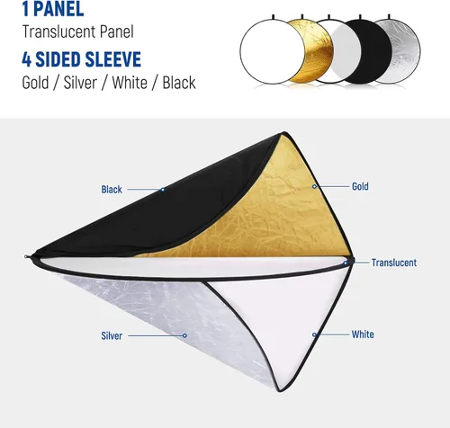 Vista 3 de NEEWER Reflector de luz de 12"/30cm Difusor de luz 5 en 1 Plegable Multi Disco con bolsa - Translúcido, plateado, dorado, blanco y negro