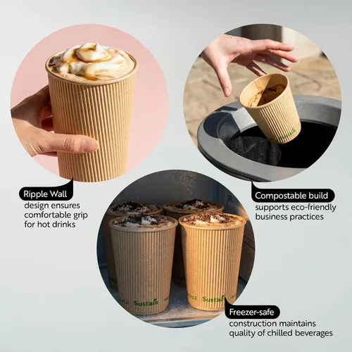 Vista 3 de Restaurantware Tazas de café de papel de 4 onzas, paquete de 25 tazas aisladas de pared ondulada, para bebidas calientes, papel kraft resistente a