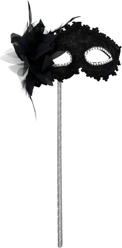 Vista 2 de AZYOUNG Máscaras de mascarada para mujer, con plumas, laterales, pétalos, flores, pétalos, máscara de encaje de mano con palo