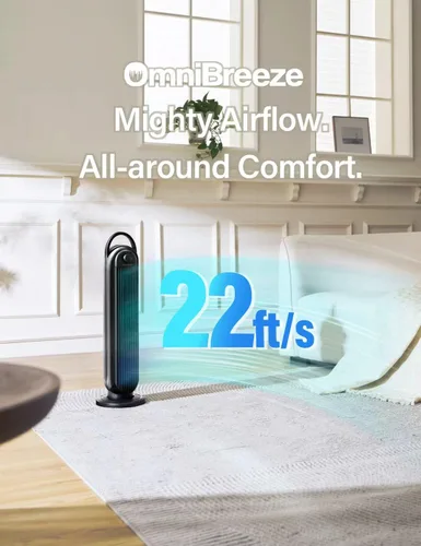 Vista 4 de OmniBreeze Ventilador de torre eléctrico manual, de 28 pulgadas, 3 velocidades con oscilación, control mecánico, ventiladores de piso sin aspas