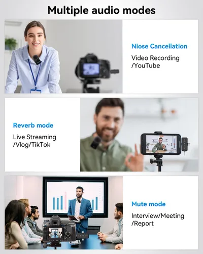 Vista 7 de PQRQP, micrófono 3 en 1 para iPhone/Android/cámara, inalámbrico, transmisión de 328 pies, duración de la batería de 18 horas, mini micrófono