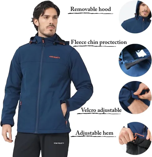 Vista 3 de Acmelogy Chaqueta Softshell con forro polar para hombre con capucha desmontable, impermeable, transpirable, 314.961 in5000gm, cremallera YKK