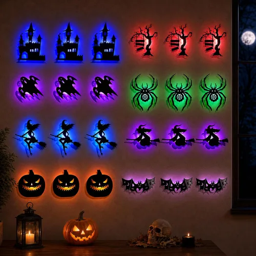 Vista 9 de 16 luces LED de pared de Halloween, decoraciones de silueta de murciélago 16pcs