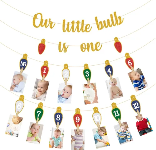 Vista 15 de Cartel de fotos de Navidad para el primer cumpleaños, pancarta de fotos con purpurina para recién nacidos a 12 meses, fotografía de hitos mensuales