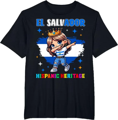 Vista 35 de Camiseta infantil El Salvador Dabbing Girl Hispanic Heritage Celebration, Negro
