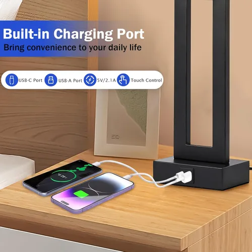 Vista 3 de Juego de 2 lámparas modernas para mesita de noche, con control táctil, USB C y A, regulables de 3 vías para dormitorios y sala de estar, gris y negro