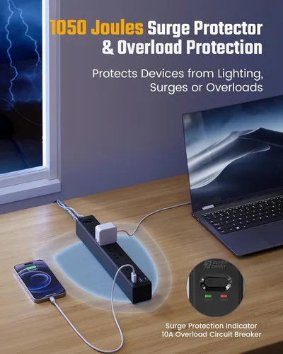 Vista 6 de SUPERDANNY - Protector de sobretensión con enchufe plano, tira de alimentación, cable de extensión ultra delgado de 6 pies con 3 USB