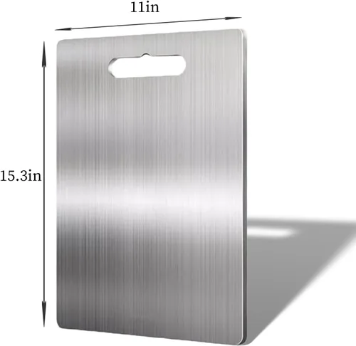 Vista 6 de Tablas de cortar de titanio para cocina, tabla de cortar de acero inoxidable de doble cara, diseño colgable, fácil de limpiar, duradera y resistente