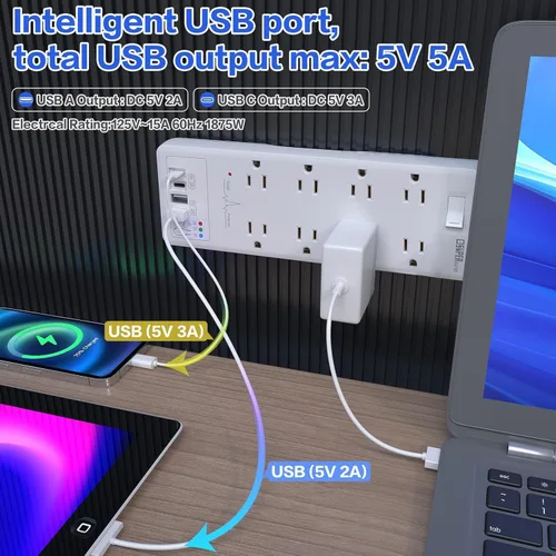 Vista 4 de Protector de sobretensiones, cable de extensión con temporizador USB, 8 salidas (1875 W/15 A) y 2 puertos USB A+2USB C, certificación ETL, montaje