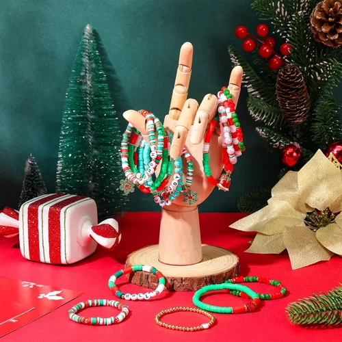 Vista 4 de Juego de 48 pulseras de Navidad apilables Heishi Surfer pulseras de Navidad con cuentas, pulseras de Navidad a granel para mujer, pulsera elástica