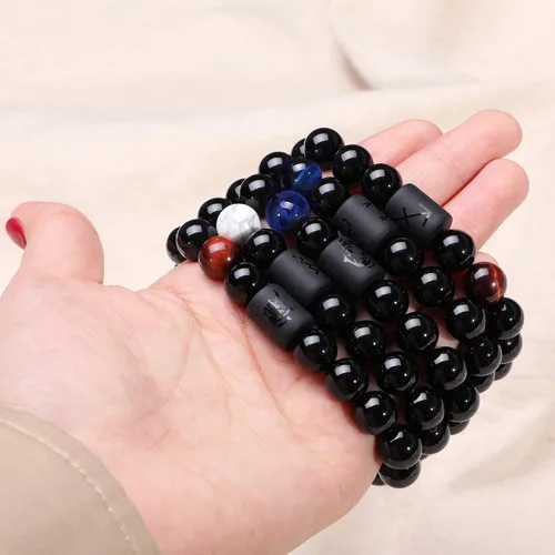 Vista 5 de Jade cabbage Pulsera del zodiaco para pareja de 0.315in 0.394in, pulsera de cuentas de piedra de ónix negro natural para hombres y mujeres, signo