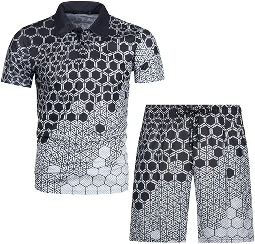 Vista 4 de Conjunto deportivo de 2 piezas para hombre, conjunto de tops y pantalones cortos, conjuntos de moda a rayas, traje deportivo casual de manga corta