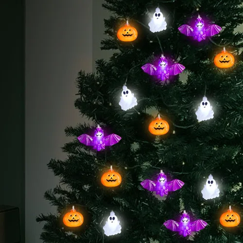 Vista 4 de Guirnalda de luces de Halloween, 16.4 pies, 30 luces LED 3D de calabaza, murciélago, fantasma, funciona con pilas, color naranja y morado, 8 modos