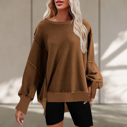 Vista 3 de Stessotudo Sudaderas de gran tamaño para mujer 2023 con cuello redondo, ajuste holgado, camisetas de moda de manga larga, sin capucha, sudaderas