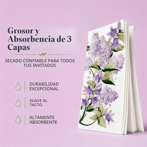 Vista 3 de 100 servilletas florales moradas de 3 capas desechables de papel toallas de mano