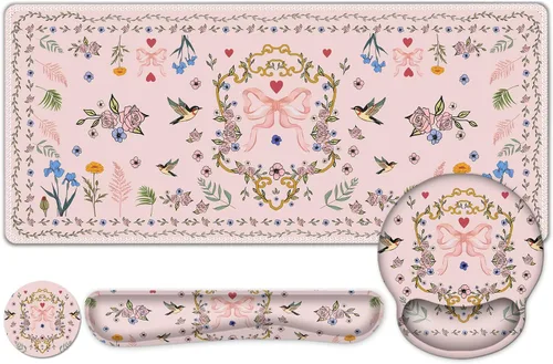 Vista 17 de Alfombrilla de mouse con estética natural de flores, XXL gran alfombrilla de escritorio extendida para la lectura, 4 piezas de base de goma