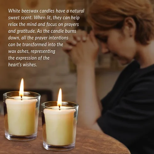 Vista 4 de 4 velas votivas de cera de abejas, blanco crema, quema de 12 horas, oración y conmemoración Tono crema suave, brillo de 12 horas, mejor en un