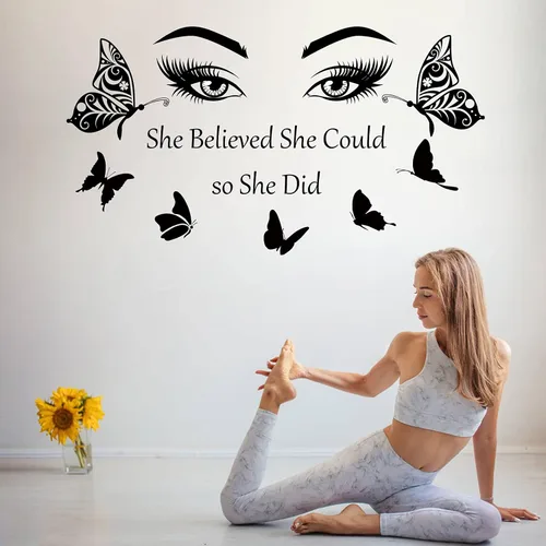 Vista 2 de Calcomanía inspiradora de pared con citas de pestañas, ojos de pared, calcomanías motivacionales de letras de palabras con texto en inglés "She