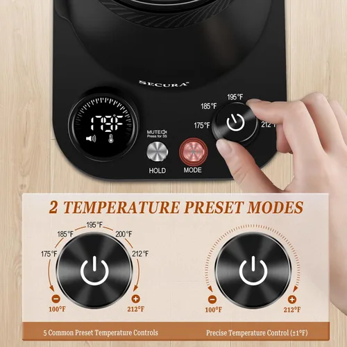 Vista 4 de Secura Hervidor eléctrico de cuello de cisne con 5 ajustes preestablecidos de control de temperatura, tetera interior de acero 100% inoxidable