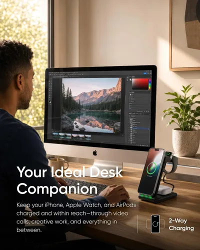 Vista 2 de Intoval Estación de carga inalámbrica 3 en 1 para iPhone y Apple Watch, soporte de cargador inalámbrico rápido, base de carga de escritorio compacta