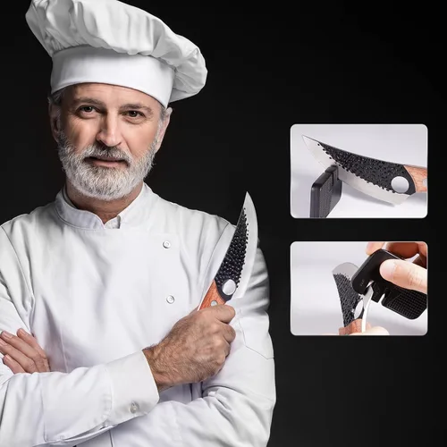 Vista 6 de Cuchillo de chef de 11 pulgadas, cuchillo de cocina para deshuesar, cortar y cortar. Cuchillo de carne forjado a mano, cuchillo Deba, cuchillo