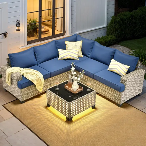 Vista 25 de HOOOWOOO Juego de Muebles Seccionales para Patio al Aire Libre, 6 Piezas Juegos de Conversación de Mimbre Sofá en Forma de L, Sofá Extra Profundo
