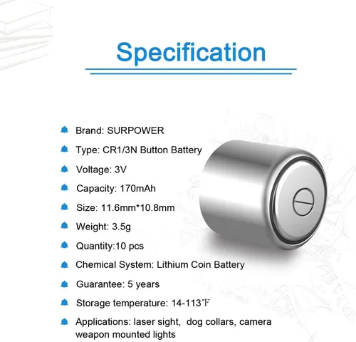 Vista 4 de SURPOWER CR1/3N 3V Batería de litio, paquete de 10 unidades 【5 años de garantía】