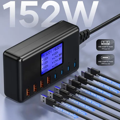 Vista 2 de Estación de carga de 152 W, concentrador de cargador USB-C y USB-A de 8 puertos, 20 W 4 x USB-C y 18 W 4 x USB-A, compatible con iPhone 15/14/13