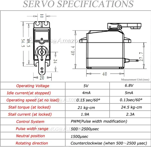 Vista 5 de Servo digital RC de 25 kg de alto par, alta velocidad, engranaje metálico completo, resistente al agua, ángulo de control de 180 grados
