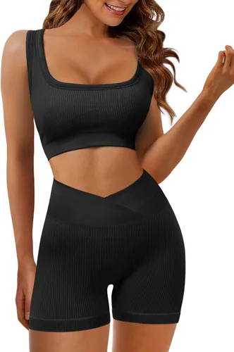 Vista 2 de JZC Conjuntos de entrenamiento para mujer, 2 piezas, acanalados, sin costuras, pantalones cortos de cintura alta, trajes de yoga