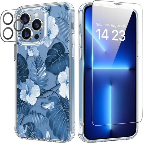 Vista 22 de bicol Funda para iPhone 14 Plus con Protector de Pantalla y Lente de Cámara - Diseños Florales de Moda para Mujeres y Niñas - Funda Transparente