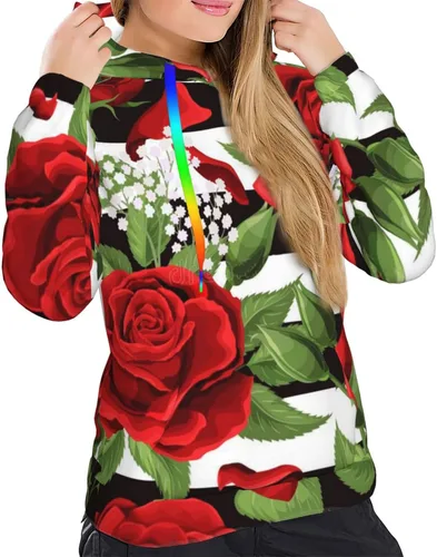 Vista 6 de BcoDoN Womens Rose Floral Black White Stripes Hoodies Sweatshirt Sports Pullover Tops For Ladies