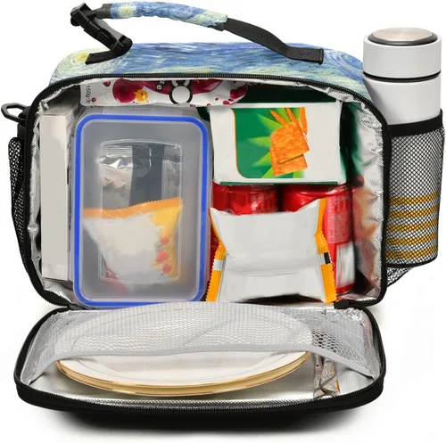 Vista 3 de Vangogh - Lonchera para niños con diseño de noche estrellada, organizador de doble aislamiento, impermeable y reutilizable, bolsa de comida
