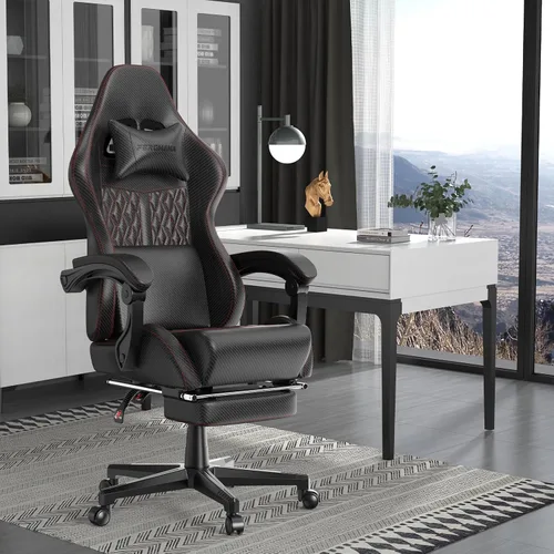 Vista 2 de Ferghana Silla vintage de piel sintética para videojuegos, silla de jugador con respaldo alto con masaje, silla ergonómica de oficina para Negro