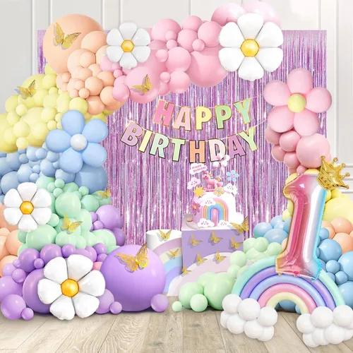 Vista 8 de Decoraciones de primer cumpleaños para niña, 219 margaritas para primer cumpleaños, kit de arco de globos pastel, pancarta de feliz cumpleaños