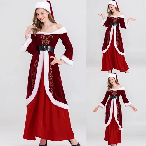 Vista 9 de Disfraz de Sra. Claus para mujer, 3 piezas, disfraces de Papá Noel, vestidos de terciopelo con hombros descubiertos, vestidos de fiesta de máscaras