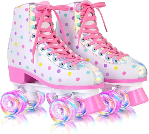 Vista 9 de SULIFEEL Patines de ruedas para niñas y mujeres con ruedas iluminadas y patrón de lunares, patines para niños y adultos para uso en interiores y al