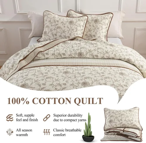 Vista 6 de DDUOXIN Edredón 100 % algodón, tamaño Queen, moderno, botánico, con 2 fundas de almohada, colcha con estampado floral a rayas, juego de ropa de cama