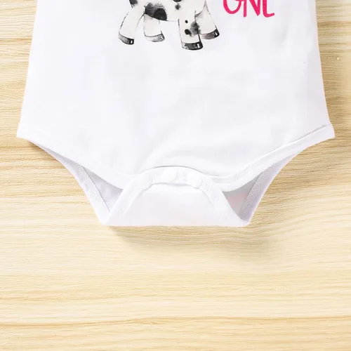 Vista 17 de Conjunto de ropa para bebé niña de 1er cumpleaños con mangas con volantes + pantalones cortos estampados + diadema para tartas