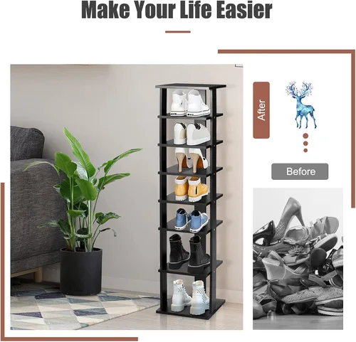 Vista 9 de COSTWAY Zapatero vertical de 8 niveles, organizador de almacenamiento de zapatos alto y estrecho con estante extraíble para botas, kit antivuelcos